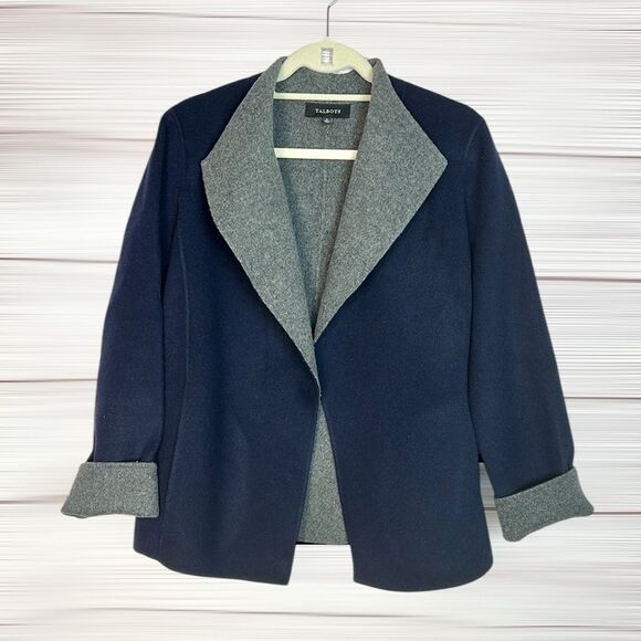Talbots Felted Wool Navy Blue and Gray Jacket Open Front Wing Collar Pockets L - Picture 2 of 10